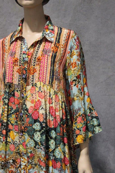 ARTSILK Button Through Midi dress w Pockets- Aztec Rose/Parrots