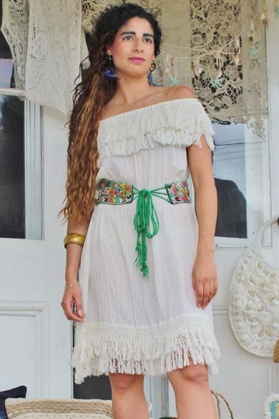 Calico Fringe Off Shoulder Dress