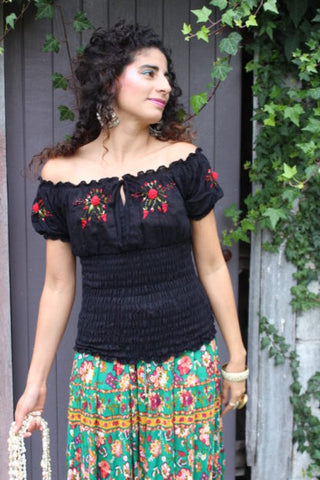 Gypsy Top With Embroidered Rosebuds