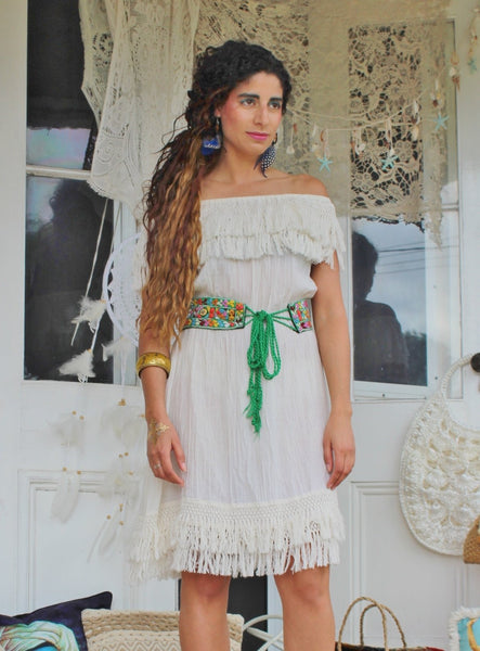 Calico Fringe Off Shoulder Dress