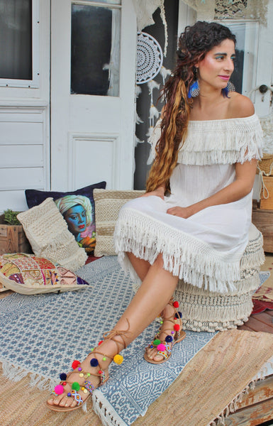 Calico Fringe Off Shoulder Dress