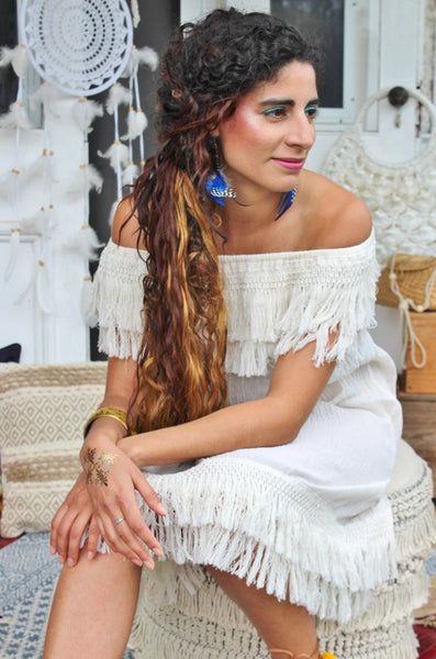 Calico Fringe Off Shoulder Dress