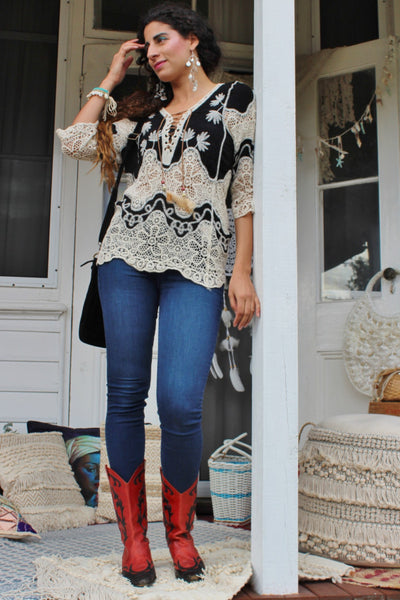 Lace Up Black Embroidered Lace Blouse