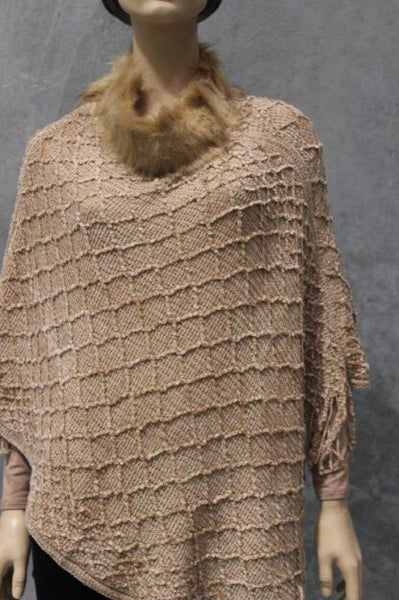 Chenille Poncho With Faux Fur Trim