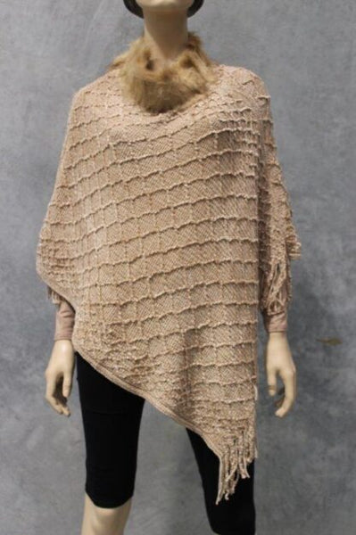 Chenille Poncho With Faux Fur Trim